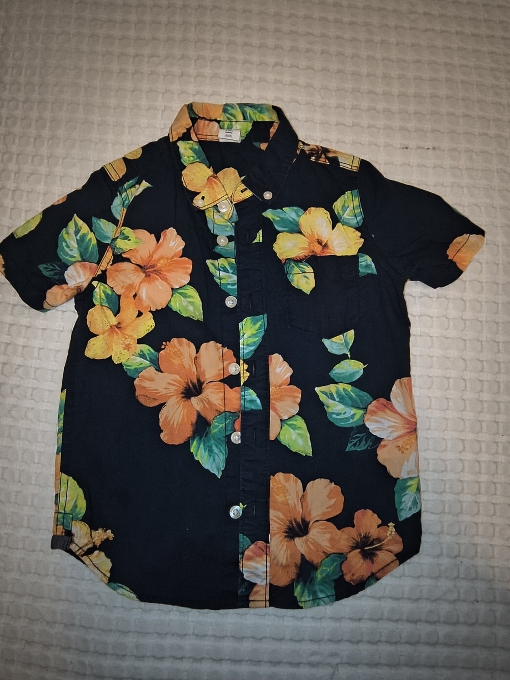 Gap Boys Hawaiian Floral Button-Up Shirt with Orange Hibiscus